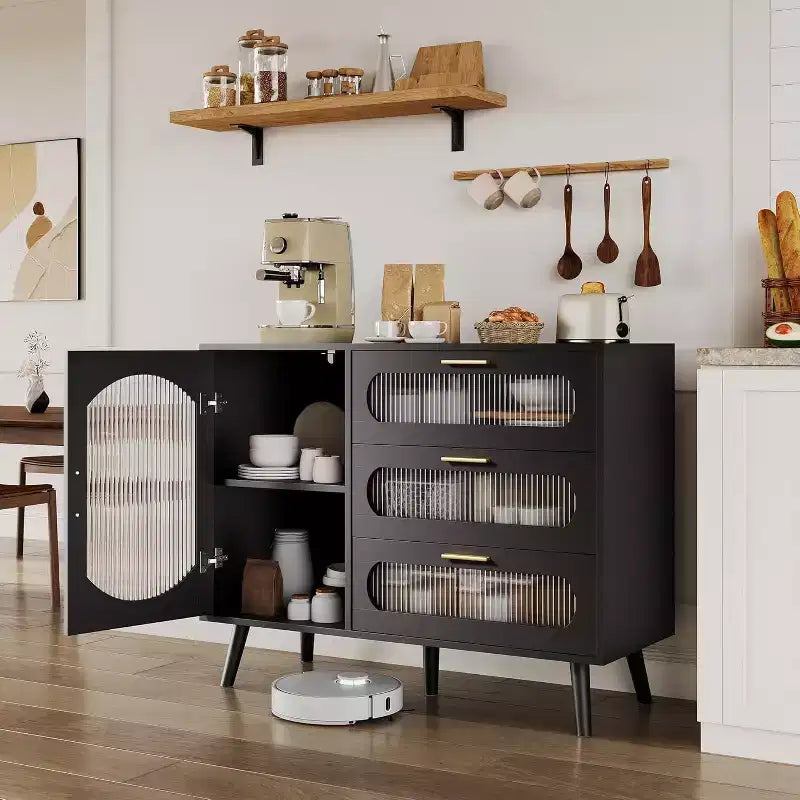 Madia moderna con 3 ampi cassetti e ante in vetro scanalato per sala da pranzo, cucina o soggiorno, elegante mobile contenitore