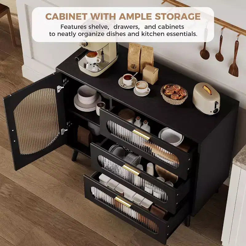 Madia moderna con 3 ampi cassetti e ante in vetro scanalato per sala da pranzo, cucina o soggiorno, elegante mobile contenitore