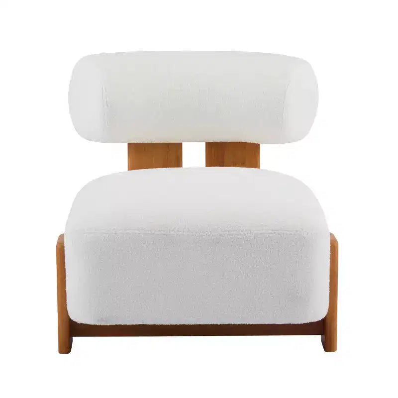 Poltrona moderna in bouclé con schienale arrotolato, struttura in legno massello, seduta imbottita per soggiorno, camera da letto o ufficio