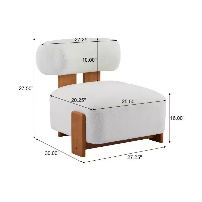 Poltrona moderna in bouclé con schienale arrotolato, struttura in legno massello, seduta imbottita per soggiorno, camera da letto o ufficio