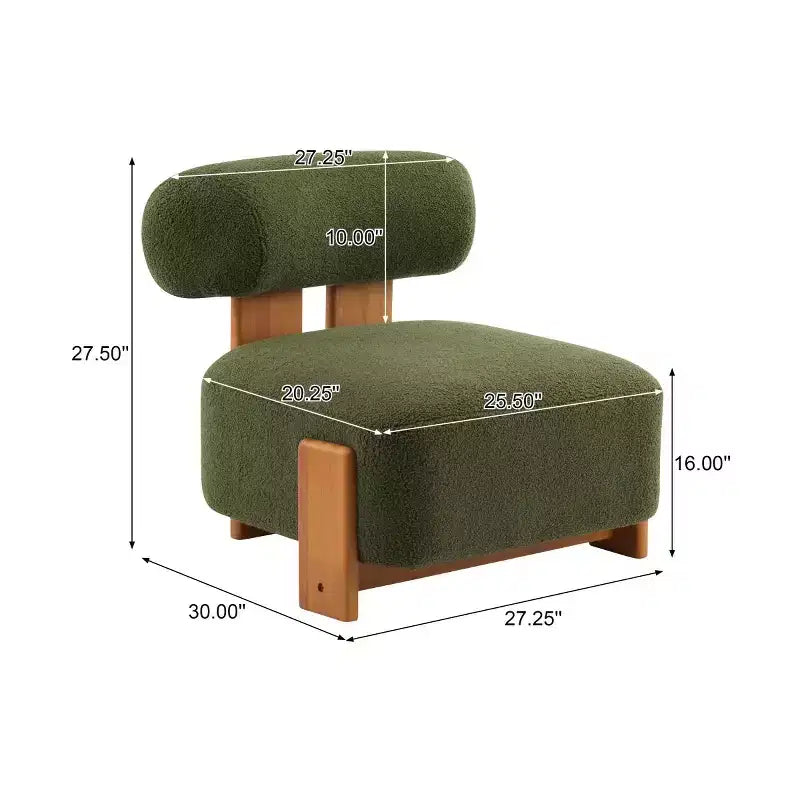 Poltrona moderna in bouclé con schienale arrotolato, struttura in legno massello, seduta imbottita per soggiorno, camera da letto o ufficio