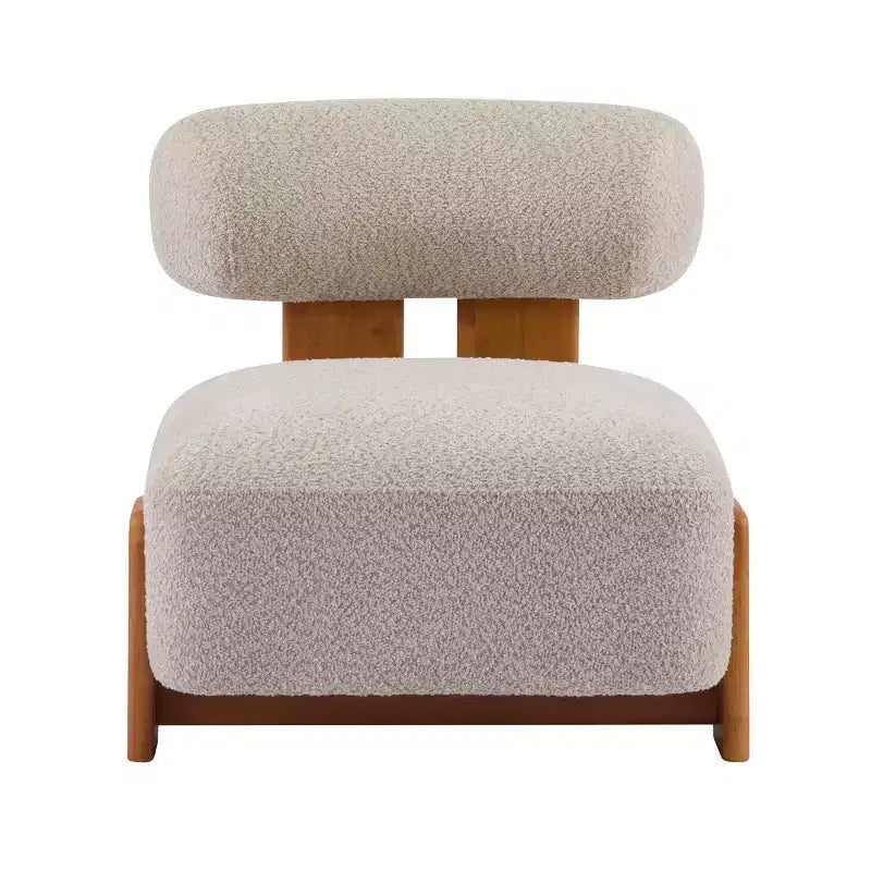 Poltrona moderna in bouclé con schienale arrotolato, struttura in legno massello, seduta imbottita per soggiorno, camera da letto o ufficio