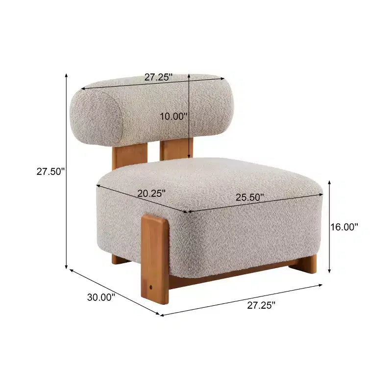 Poltrona moderna in bouclé con schienale arrotolato, struttura in legno massello, seduta imbottita per soggiorno, camera da letto o ufficio