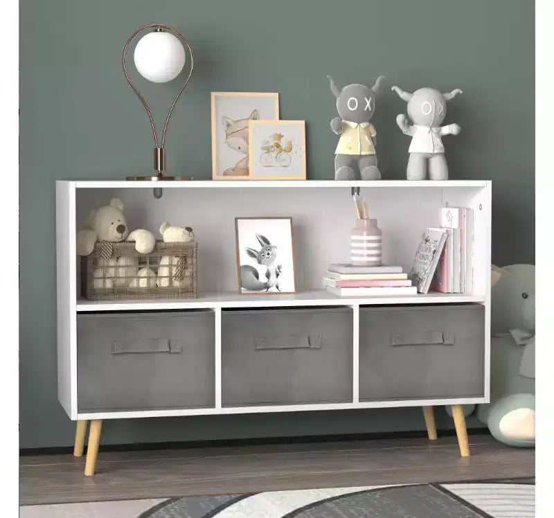 Libreria per bambini in MDF con cassetti pieghevoli in tessuto,
