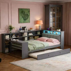 Letto a piattaforma singolo in legno con testiera imbottita, 8 ripiani portaoggetti, letto estraibile e scrivania