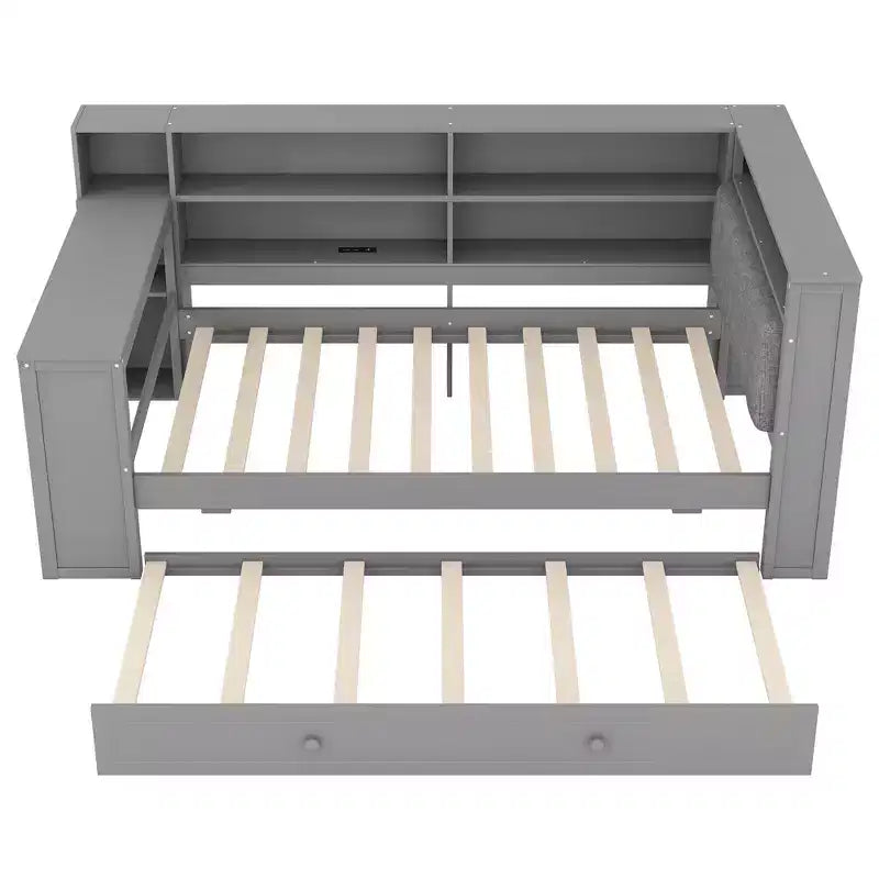 Letto a piattaforma singolo in legno con testiera imbottita, 8 ripiani portaoggetti, letto estraibile e scrivania