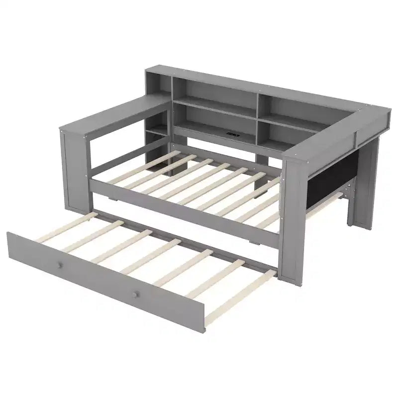 Letto a piattaforma singolo in legno con testiera imbottita, 8 ripiani portaoggetti, letto estraibile e scrivania
