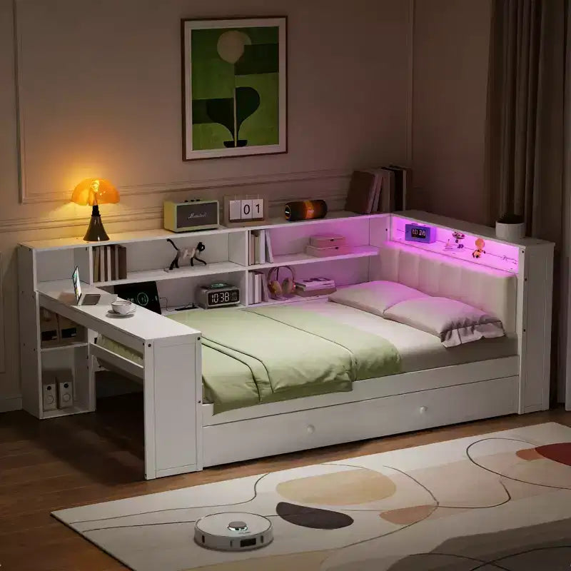 Letto a piattaforma singolo in legno con testiera imbottita, 8 ripiani portaoggetti, letto estraibile e scrivania