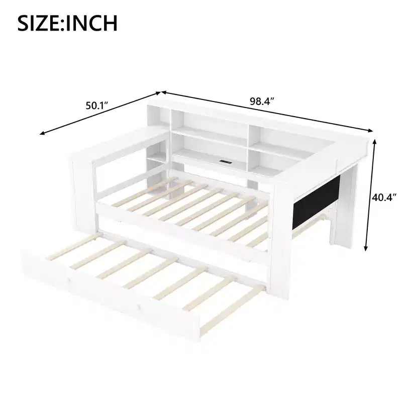 Letto a piattaforma singolo in legno con testiera imbottita, 8 ripiani portaoggetti, letto estraibile e scrivania