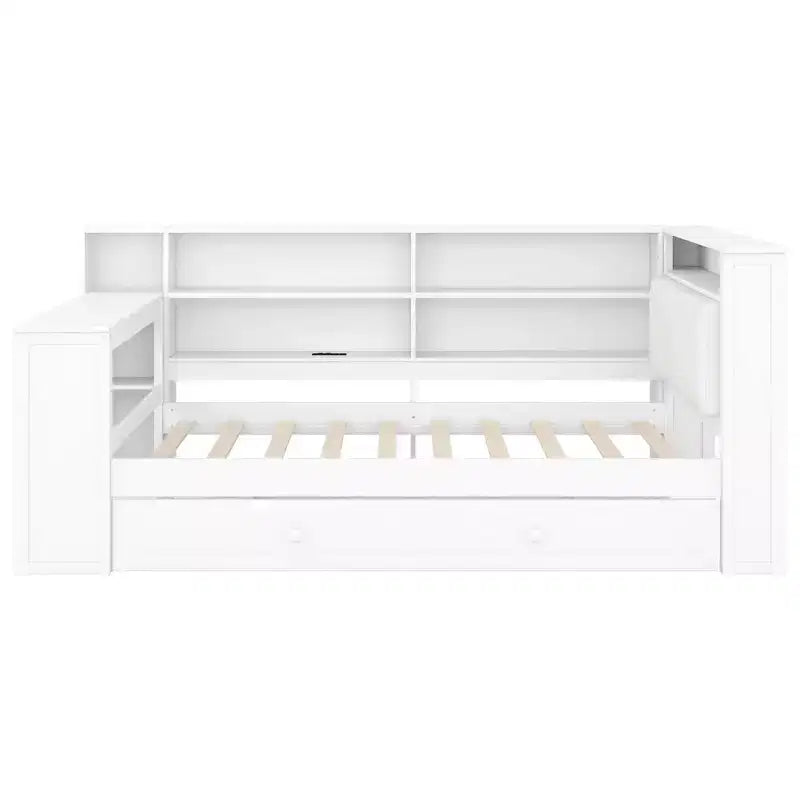 Letto a piattaforma singolo in legno con testiera imbottita, 8 ripiani portaoggetti, letto estraibile e scrivania