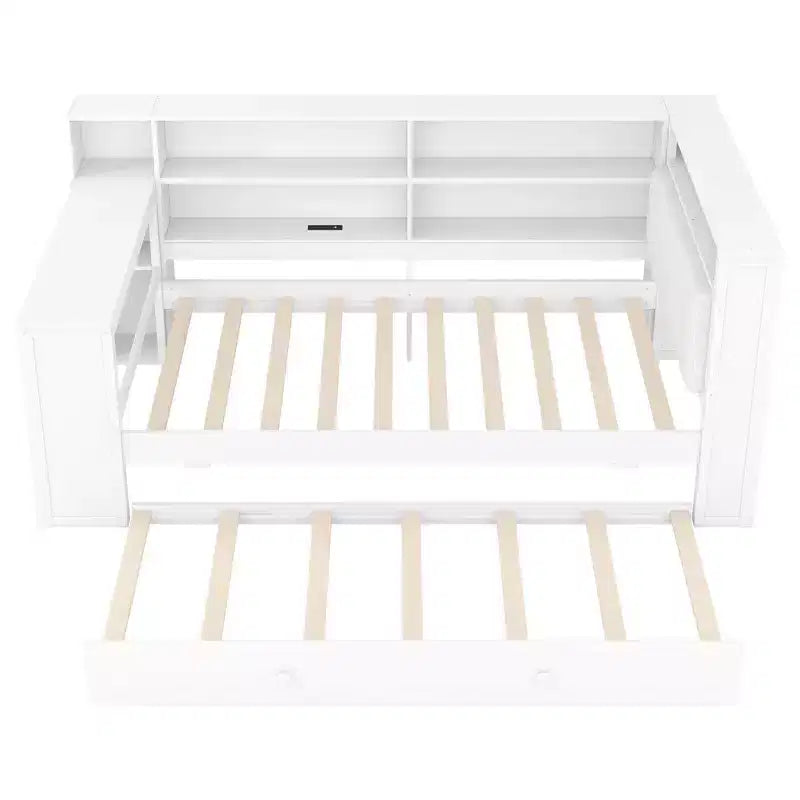 Letto a piattaforma singolo in legno con testiera imbottita, 8 ripiani portaoggetti, letto estraibile e scrivania