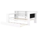 Letto a piattaforma singolo in legno con testiera imbottita, 8 ripiani portaoggetti, letto estraibile e scrivania