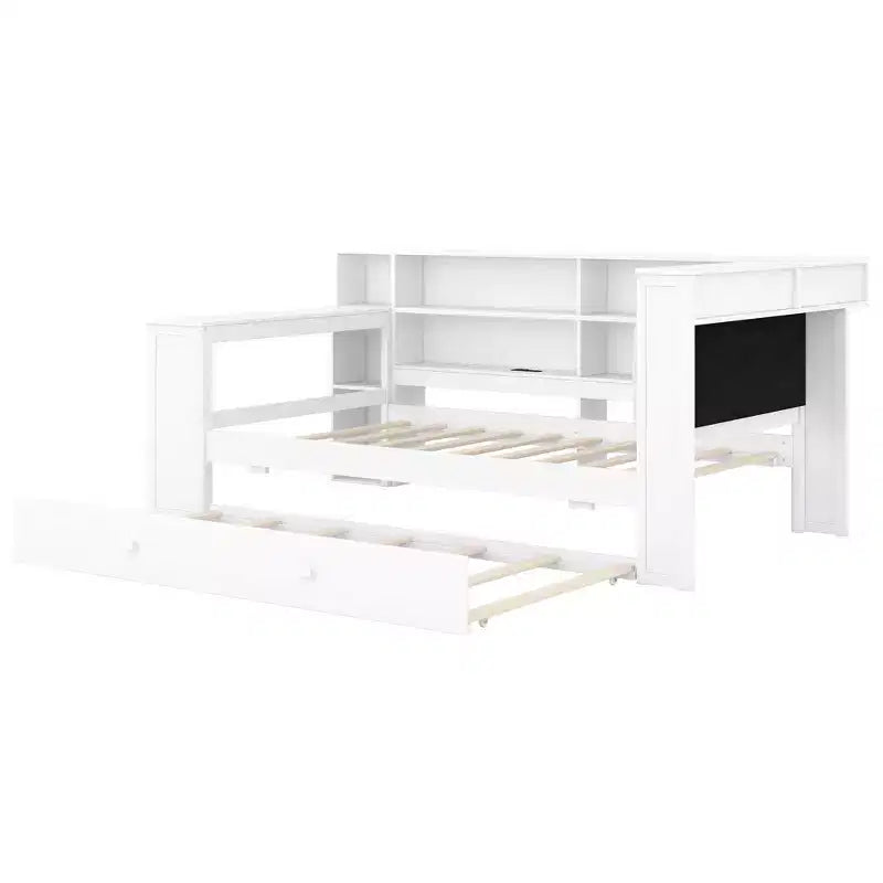 Letto a piattaforma singolo in legno con testiera imbottita, 8 ripiani portaoggetti, letto estraibile e scrivania