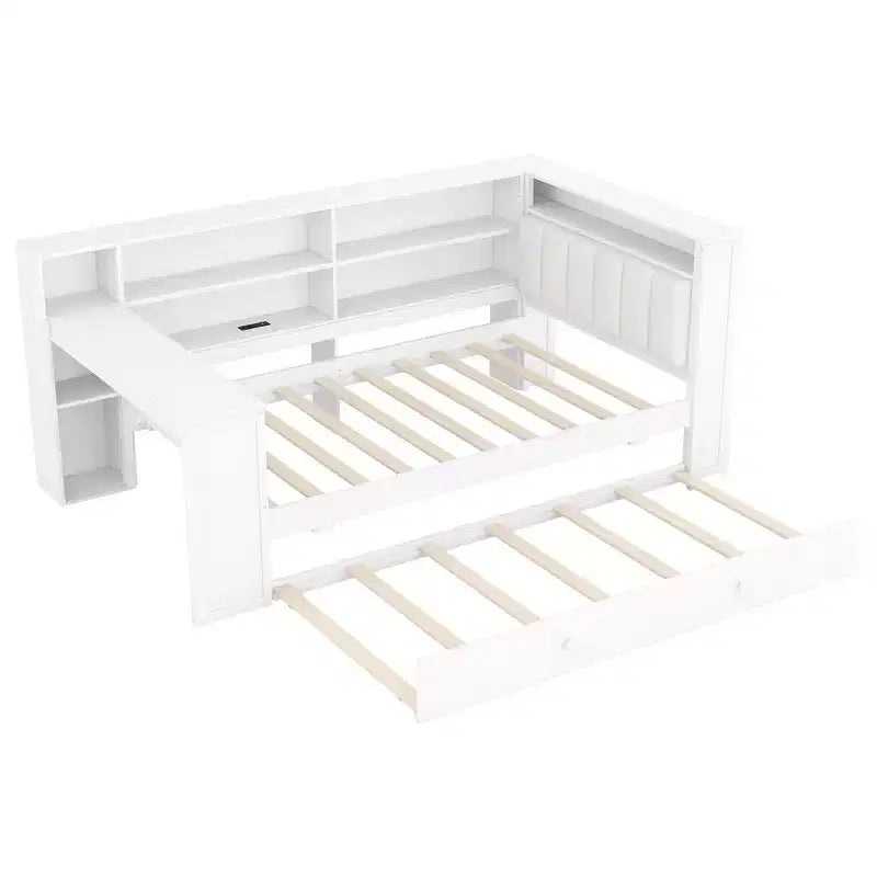 Letto a piattaforma singolo in legno con testiera imbottita, 8 ripiani portaoggetti, letto estraibile e scrivania