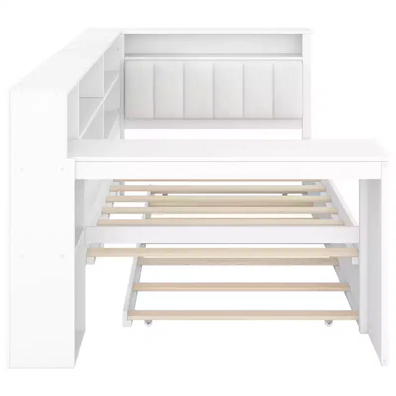 Letto a piattaforma singolo in legno con testiera imbottita, 8 ripiani portaoggetti, letto estraibile e scrivania