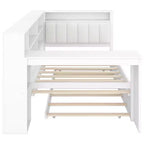 Letto a piattaforma singolo in legno con testiera imbottita, 8 ripiani portaoggetti, letto estraibile e scrivania