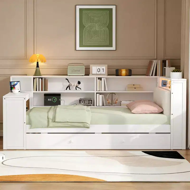 Letto a piattaforma singolo in legno con testiera imbottita, 8 ripiani portaoggetti, letto estraibile e scrivania