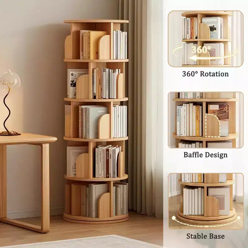 Scaffale Girevole a 360° a 5 Livelli, Robusta Struttura in MDF, Ripiani Aperti Facili da Accedere, Contiene Libri/Riviste/Decorazioni, per Camera da Letto/Soggiorno/Casa/Ufficio