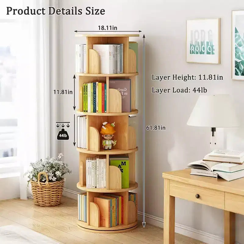 Scaffale Girevole a 360° a 5 Livelli, Robusta Struttura in MDF, Ripiani Aperti Facili da Accedere, Contiene Libri/Riviste/Decorazioni, per Camera da Letto/Soggiorno/Casa/Ufficio