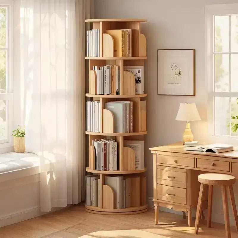 Scaffale Girevole a 360° a 5 Livelli, Robusta Struttura in MDF, Ripiani Aperti Facili da Accedere, Contiene Libri/Riviste/Decorazioni, per Camera da Letto/Soggiorno/Casa/Ufficio