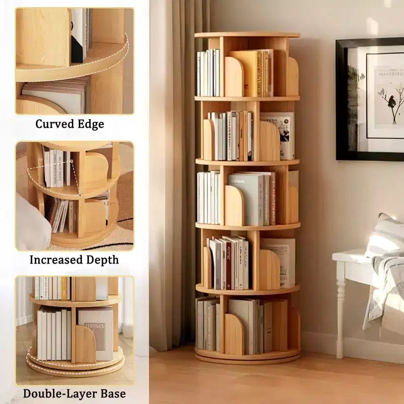 Scaffale Girevole a 360° a 5 Livelli, Robusta Struttura in MDF, Ripiani Aperti Facili da Accedere, Contiene Libri/Riviste/Decorazioni, per Camera da Letto/Soggiorno/Casa/Ufficio