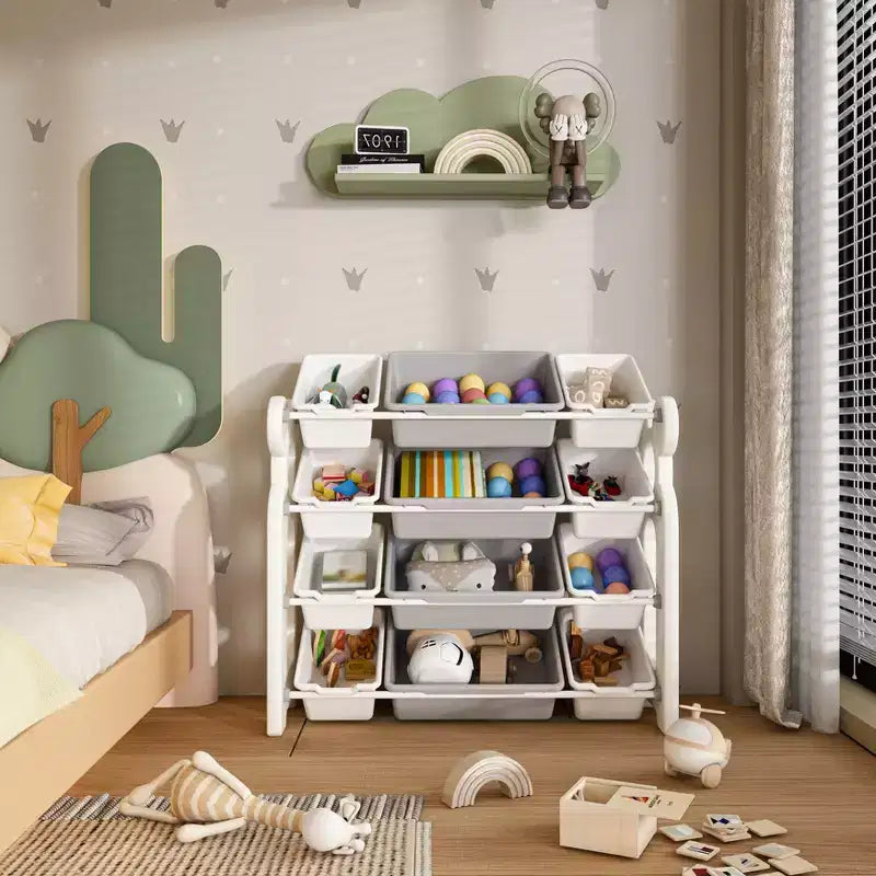 Organizer per Giocattoli per Bambini con 12 Cesti, Set di Mobili Multifunzionali per la Cameretta con Ripiani in HDPE (Grigio-Bianco)