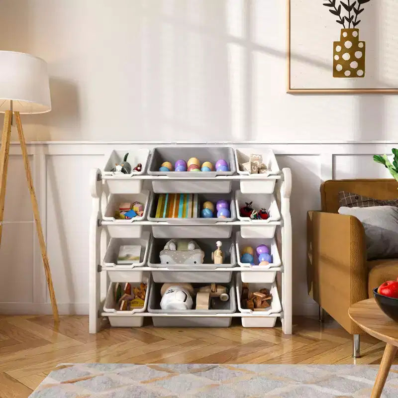Organizer per Giocattoli per Bambini con 12 Cesti, Set di Mobili Multifunzionali per la Cameretta con Ripiani in HDPE (Grigio-Bianco)