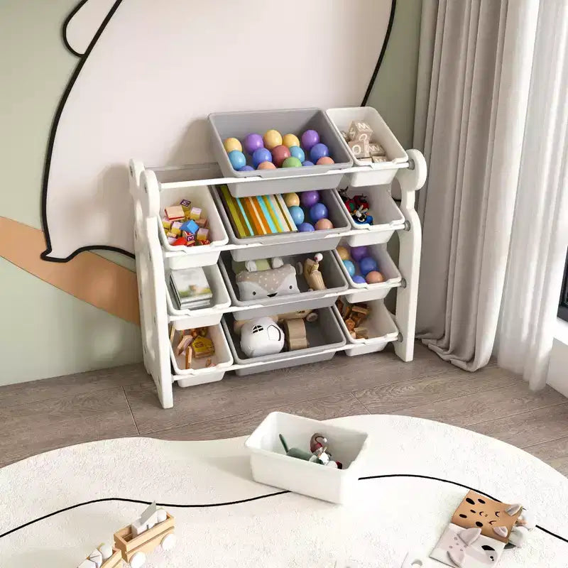 Organizer per Giocattoli per Bambini con 12 Cesti, Set di Mobili Multifunzionali per la Cameretta con Ripiani in HDPE (Grigio-Bianco)