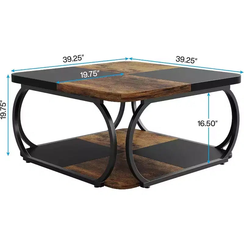 Tavolino da caffè quadrato da 101,6 cm con 2 ripiani, tavolino basso in stile rustico con ripiano portaoggetti per soggiorno, nero marrone rustico