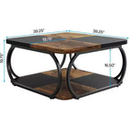 Tavolino da caffè quadrato da 101,6 cm con 2 ripiani, tavolino basso in stile rustico con ripiano portaoggetti per soggiorno, nero marrone rustico