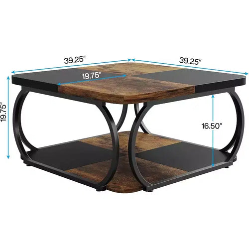 Tavolino da caffè quadrato da 101,6 cm con 2 ripiani, tavolino basso in stile rustico con ripiano portaoggetti per soggiorno, nero marrone rustico