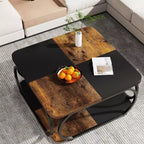 Tavolino da caffè quadrato da 101,6 cm con 2 ripiani, tavolino basso in stile rustico con ripiano portaoggetti per soggiorno, nero marrone rustico