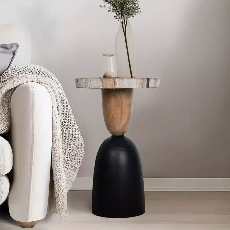 Tavolino moderno, tavolino laterale o comodino piccolo per l'arredamento della casa - Tavolino rotondo in legno pietrificato per casa, camera da letto o stanza - 20 Marrone e Nero
