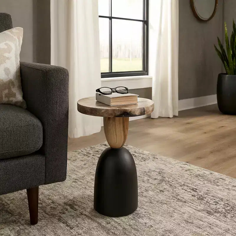 Tavolino moderno, tavolino laterale o comodino piccolo per l'arredamento della casa - Tavolino rotondo in legno pietrificato per casa, camera da letto o stanza - 20 Marrone e Nero