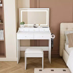 Large Mirror Vanity Desk with Power Outlet, 5 Drawers, 3 Lighting Modes, White