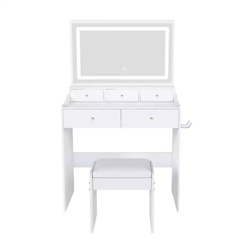 Grande Specchiera da Trucco con Presa di Corrente, 5 Cassetti, 3 Modalità di Illuminazione, Bianco