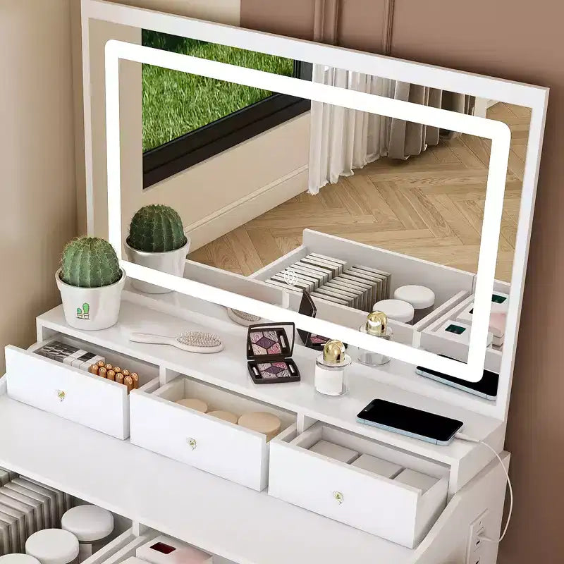 Grande Specchiera da Trucco con Presa di Corrente, 5 Cassetti, 3 Modalità di Illuminazione, Bianco