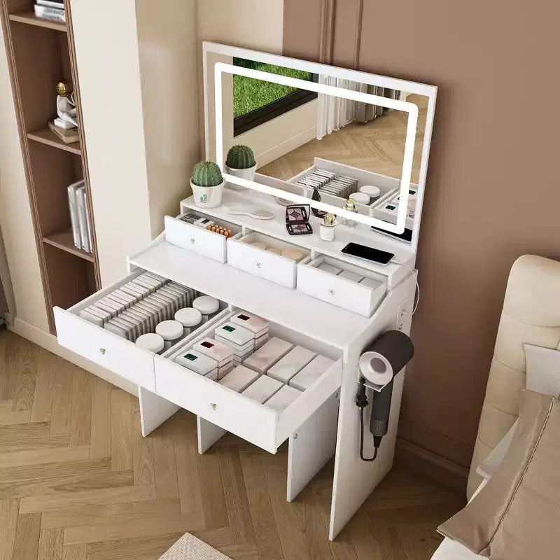 Grande Specchiera da Trucco con Presa di Corrente, 5 Cassetti, 3 Modalità di Illuminazione, Bianco