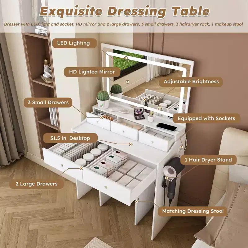 Grande Specchiera da Trucco con Presa di Corrente, 5 Cassetti, 3 Modalità di Illuminazione, Bianco