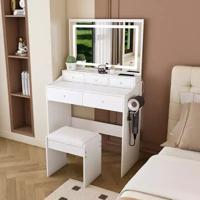 Grande Specchiera da Trucco con Presa di Corrente, 5 Cassetti, 3 Modalità di Illuminazione, Bianco