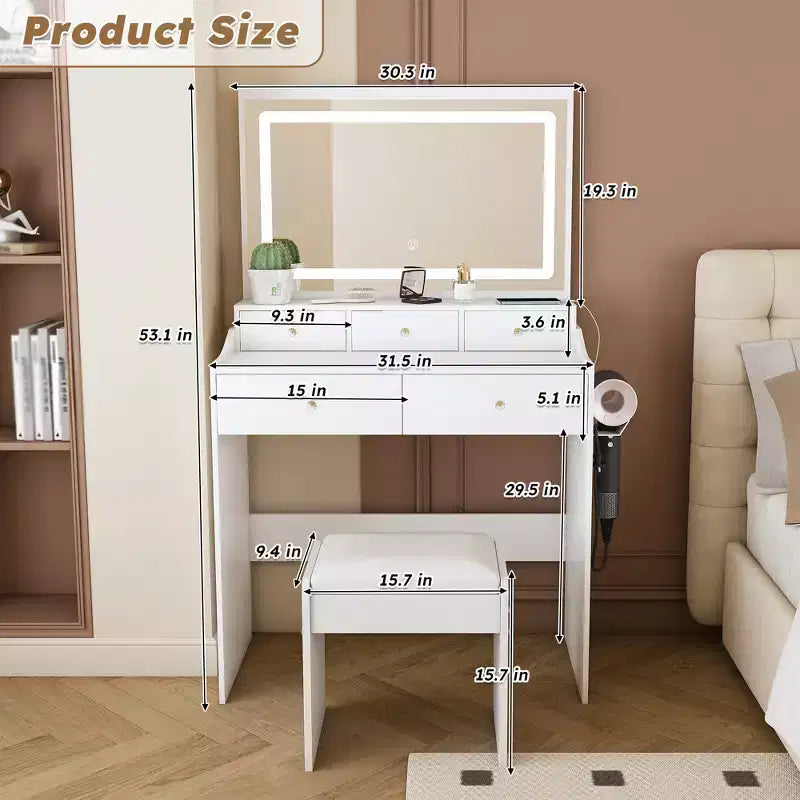 Grande Specchiera da Trucco con Presa di Corrente, 5 Cassetti, 3 Modalità di Illuminazione, Bianco