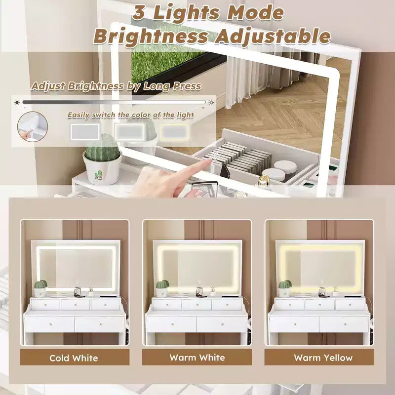 Grande Specchiera da Trucco con Presa di Corrente, 5 Cassetti, 3 Modalità di Illuminazione, Bianco