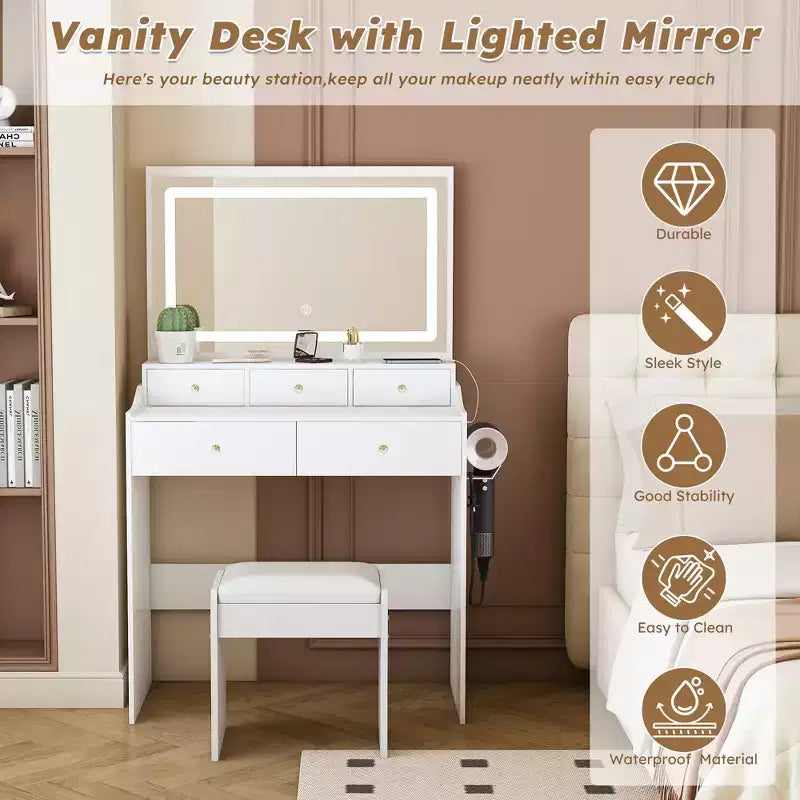 Grande Specchiera da Trucco con Presa di Corrente, 5 Cassetti, 3 Modalità di Illuminazione, Bianco
