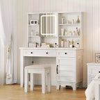 Scrivania da trucco con specchio e 3 modalità di illuminazione - Toeletta in legno con piano in vetro, presa di corrente e 2 cassetti per la camera da letto