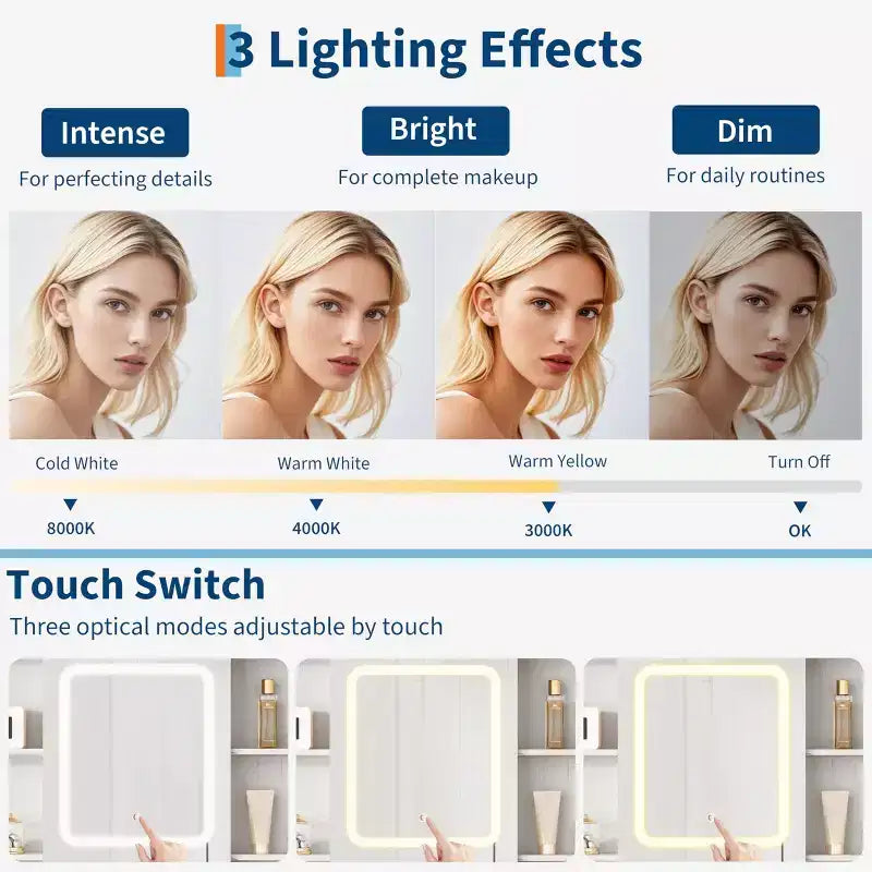 Scrivania da trucco con specchio e 3 modalità di illuminazione - Toeletta in legno con piano in vetro, presa di corrente e 2 cassetti per la camera da letto