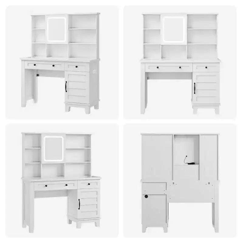 Scrivania da trucco con specchio e 3 modalità di illuminazione - Toeletta in legno con piano in vetro, presa di corrente e 2 cassetti per la camera da letto