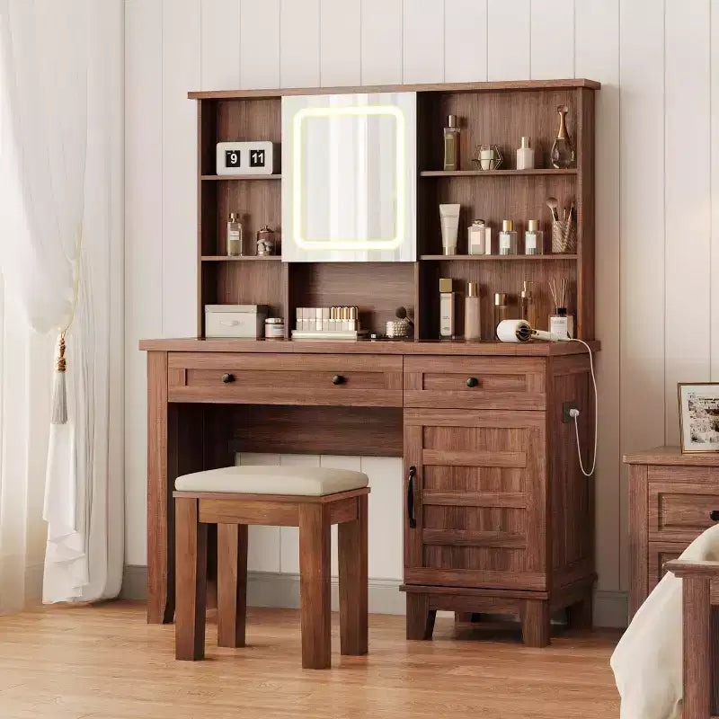 Scrivania da trucco con specchio e 3 modalità di illuminazione - Toeletta in legno con piano in vetro, presa di corrente e 2 cassetti per la camera da letto