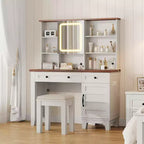Scrivania da trucco con specchio e 3 modalità di illuminazione - Toeletta in legno con piano in vetro, presa di corrente e 2 cassetti per la camera da letto