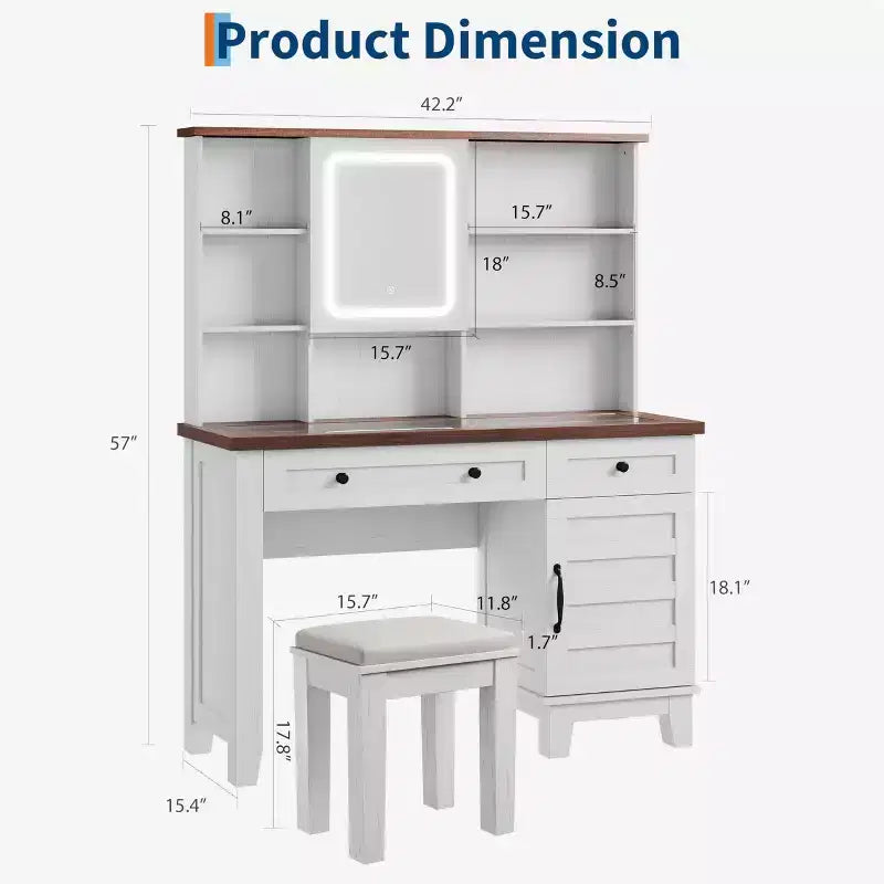 Scrivania da trucco con specchio e 3 modalità di illuminazione - Toeletta in legno con piano in vetro, presa di corrente e 2 cassetti per la camera da letto