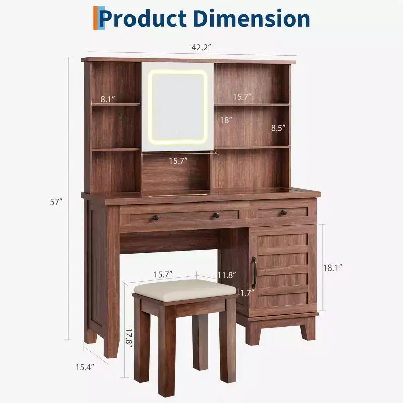 Scrivania da trucco con specchio e 3 modalità di illuminazione - Toeletta in legno con piano in vetro, presa di corrente e 2 cassetti per la camera da letto
